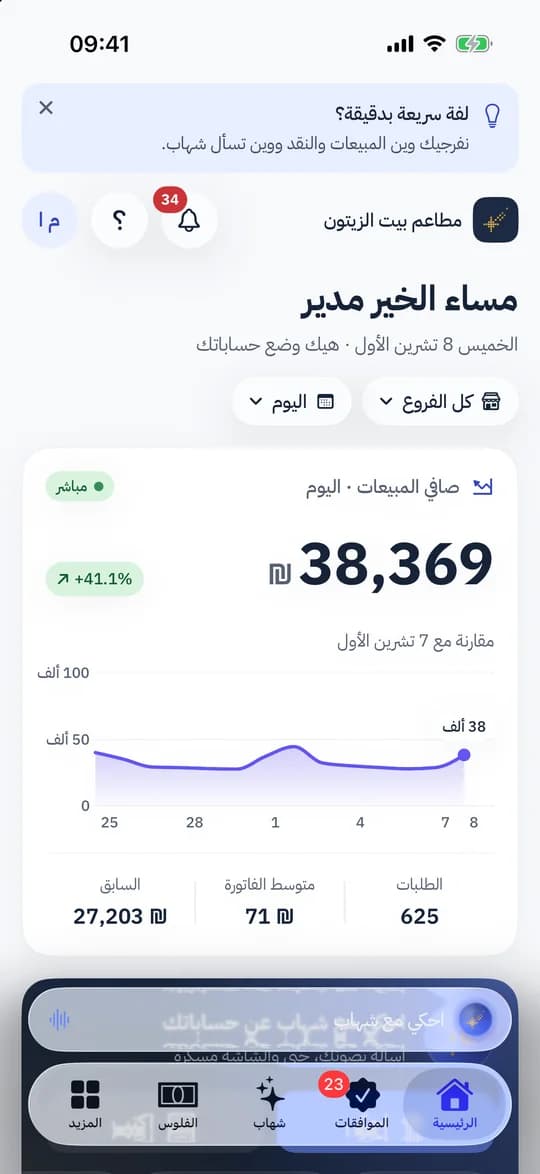 تطبيق شهاب للمحاسبة على الآيفون: صافي مبيعات اليوم والطلبات ومتوسط الفاتورة