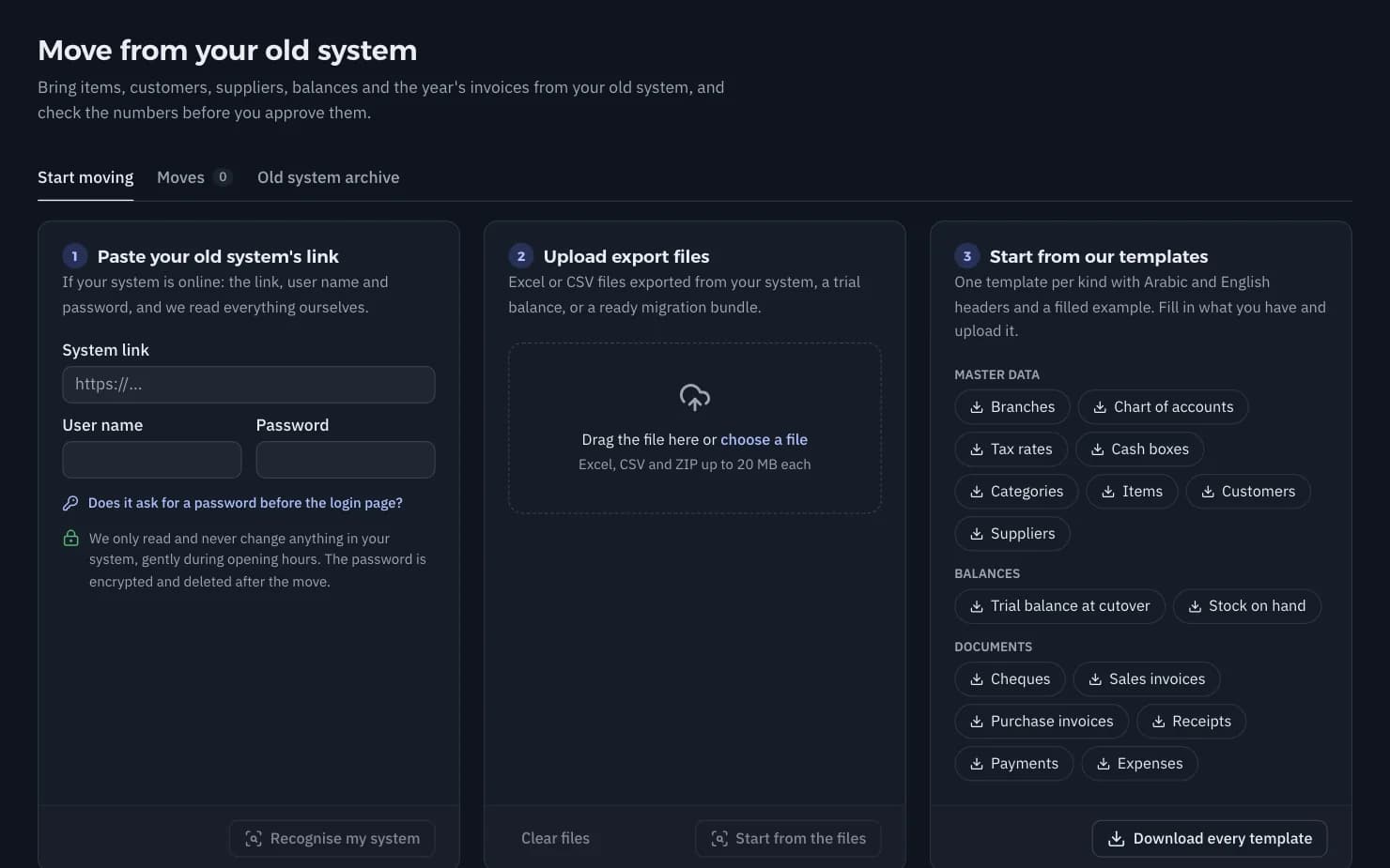 Moving from your old system: the data brought over and the matching report