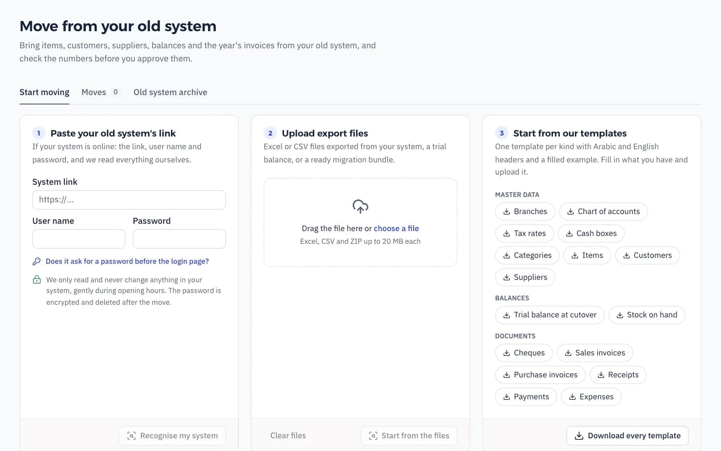 Moving from your old system: the data brought over and the matching report